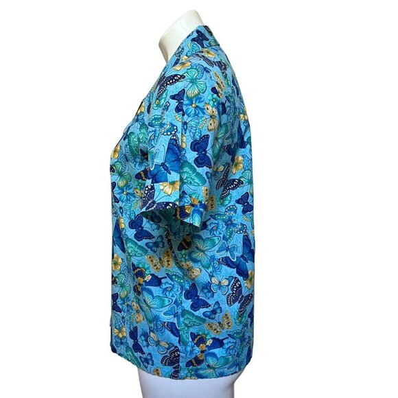 Y2K Women's Whimsical Butterflies Print Button Down Shirt Blue Yellow Small - Picture 4 of 8